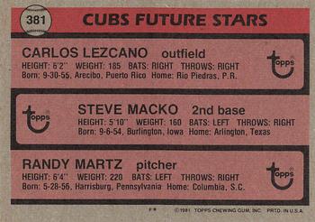 1981 Topps #381 Cubs Future Stars (Carlos Lezcano / Steve Macko / Randy Martz) Back