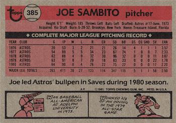 1981 Topps #385 Joe Sambito Back
