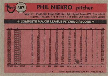 1981 Topps #387 Phil Niekro Back