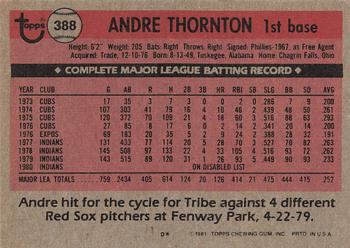 1981 Topps #388 Andre Thornton Back