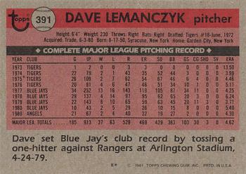 1981 Topps #391 Dave Lemanczyk Back