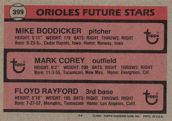 1981 Topps #399 Orioles Future Stars (Mike Boddicker / Mark Corey / Floyd Rayford) Back