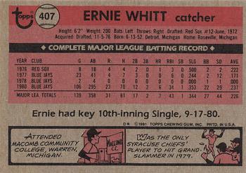 1981 Topps #407 Ernie Whitt Back