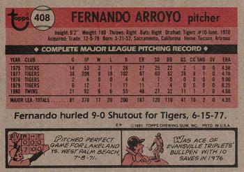 1981 Topps #408 Fernando Arroyo Back