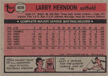 1981 Topps #409 Larry Herndon Back