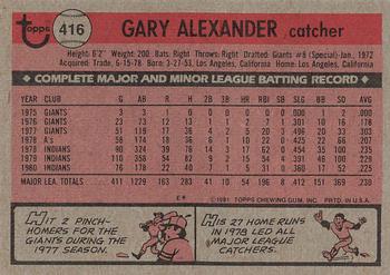1981 Topps #416 Gary Alexander Back