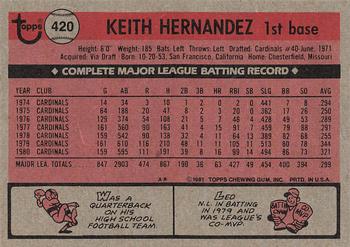 1981 Topps #420 Keith Hernandez Back