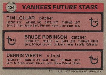 1981 Topps #424 Yankees Future Stars (Tim Lollar / Bruce Robinson / Dennis Werth) Back