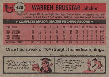 1981 Topps #426 Warren Brusstar Back
