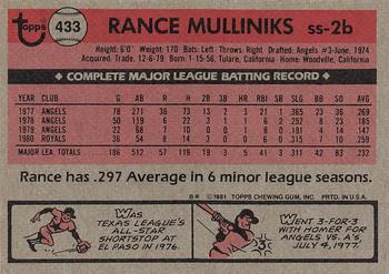 1981 Topps #433 Rance Mulliniks Back