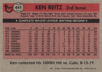 1981 Topps #441 Ken Reitz Back