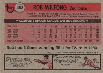 1981 Topps #453 Rob Wilfong Back