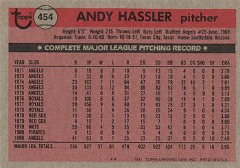 1981 Topps #454 Andy Hassler Back