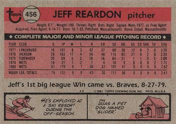 1981 Topps #456 Jeff Reardon Back