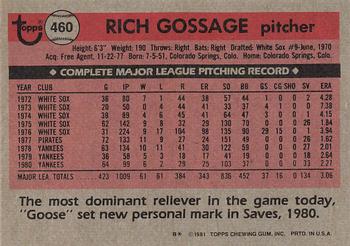 1981 Topps #460 Rich Gossage Back