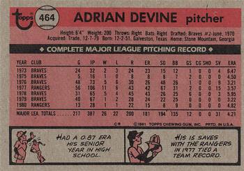 1981 Topps #464 Adrian Devine Back