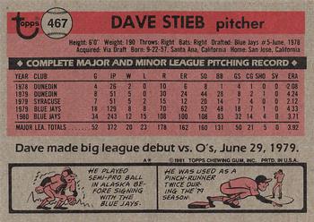 1981 Topps #467 Dave Stieb Back