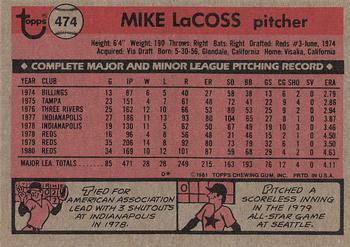 1981 Topps #474 Mike LaCoss Back