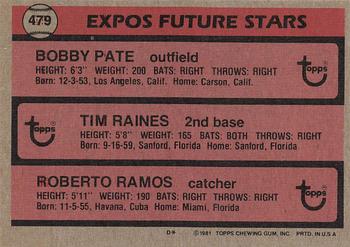 1981 Topps #479 Expos Future Stars (Tim Raines / Roberto Ramos / Bobby Pate) Back