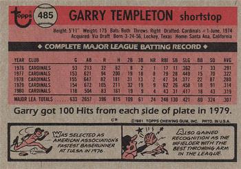 1981 Topps #485 Garry Templeton Back