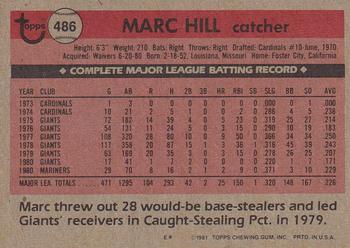 1981 Topps #486 Marc Hill Back