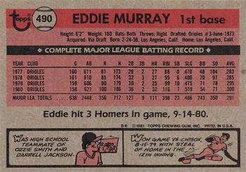 1981 Topps #490 Eddie Murray Back