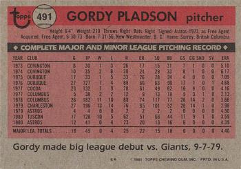 1981 Topps #491 Gordy Pladson Back