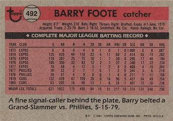 1981 Topps #492 Barry Foote Back