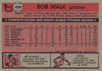 1981 Topps #494 Bob Walk Back