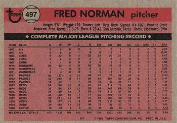 1981 Topps #497 Fred Norman Back
