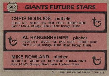 1981 Topps #502 Giants Future Stars (Chris Bourjos / Al Hargesheimer / Mike Rowland) Back