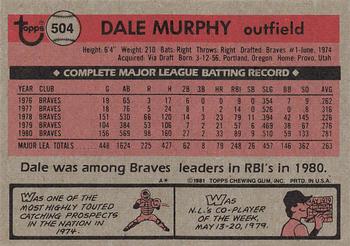 1981 Topps #504 Dale Murphy Back