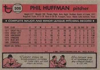 1981 Topps #506 Phil Huffman Back