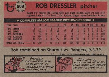 1981 Topps #508 Rob Dressler Back
