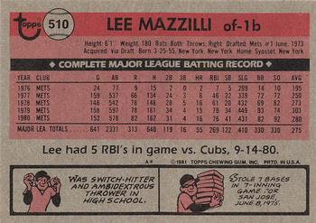 1981 Topps #510 Lee Mazzilli Back