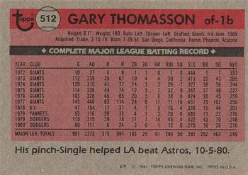 1981 Topps #512 Gary Thomasson Back