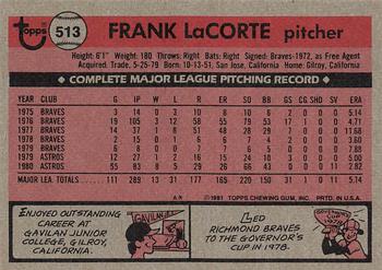 1981 Topps #513 Frank LaCorte Back