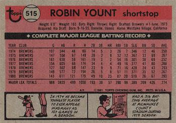 1981 Topps #515 Robin Yount Back