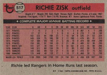 1981 Topps #517 Richie Zisk Back