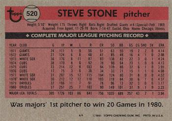 1981 Topps #520 Steve Stone Back