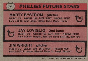1981 Topps #526 Phillies Future Stars (Marty Bystrom / Jay Loviglio / Jim Wright) Back