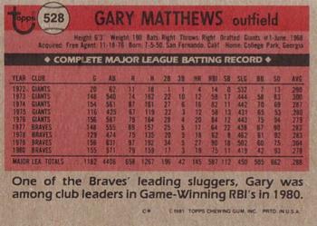 1981 Topps #528 Gary Matthews Back