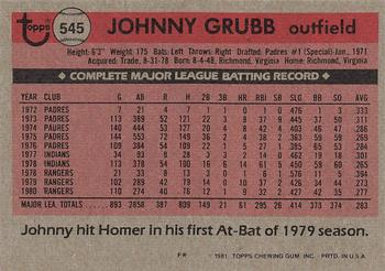 1981 Topps #545 Johnny Grubb Back