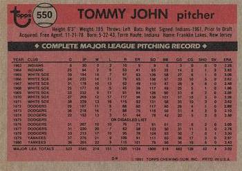 1981 Topps #550 Tommy John Back