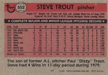 1981 Topps #552 Steve Trout Back
