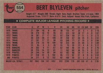 1981 Topps #554 Bert Blyleven Back