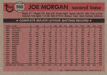 1981 Topps #560 Joe Morgan Back