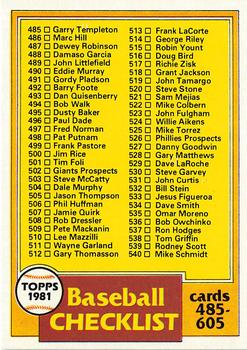 1981 Topps #562 Checklist: 485-605 Front