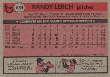 1981 Topps #584 Randy Lerch Back