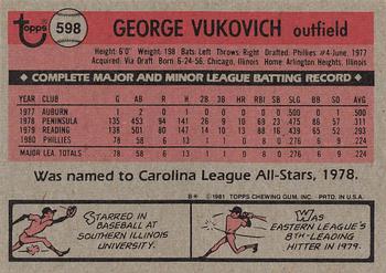 1981 Topps #598 George Vukovich Back